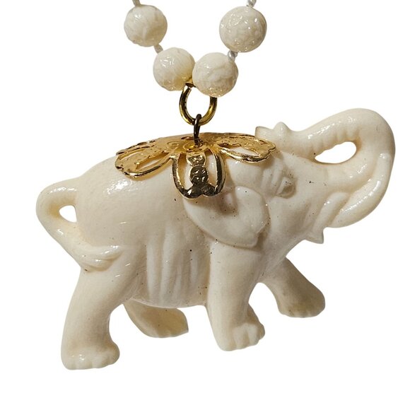 Vintage Carved Lucky Elephant Bead Necklace Gold Accents Fashion Jewelry Women - Picture 3 of 7